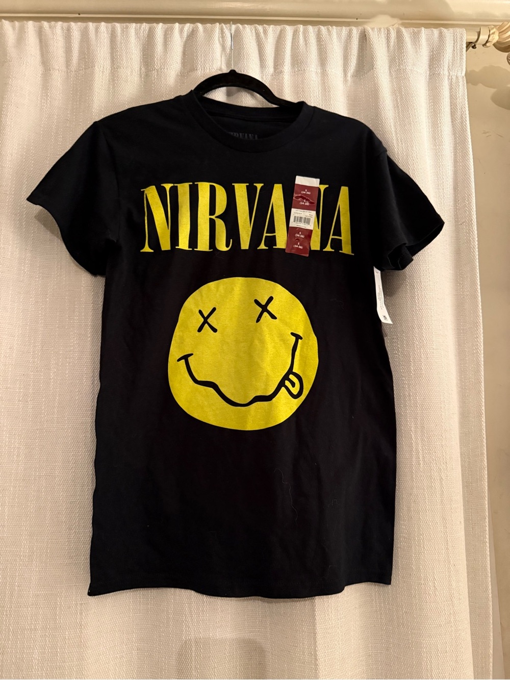 NIRVANA Black Short Sleeve Tee with Yellow Smiley Graphic